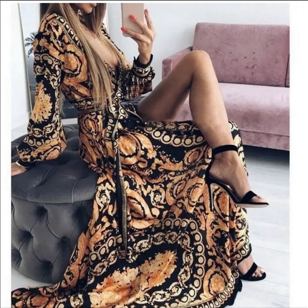 Boho long sleeve wrap maxi dress